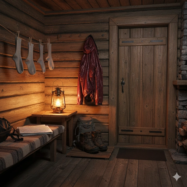 Hiking gear drying inside mountain hut