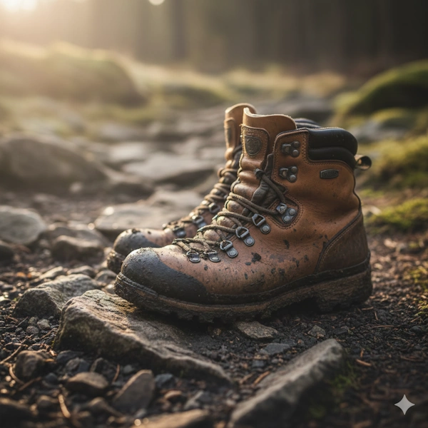 Muddy hiking boots on rocky trail