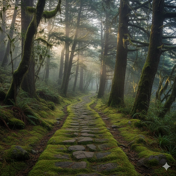 Moss-covered forest trail in Japan